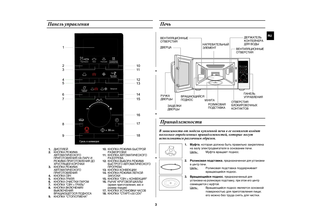 Samsung CE1175ER-S/BWT Принадлежности, Панель управления Печь, Вращающийся поднос, Поверхностью для приготовления пищи 