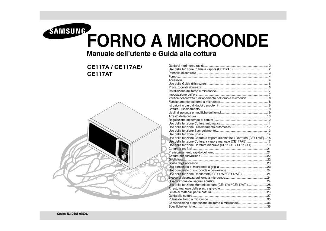 Samsung CE117AE-S/XET manual Forno a Microonde, Codice N. DE68-03509J 