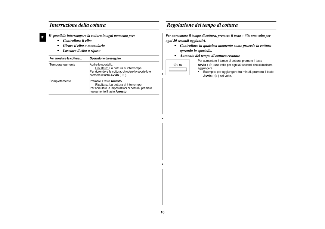 Samsung CE117AE-S/XET manual Interruzione della cottura, Regolazione del tempo di cottura, Temporaneamente, Completamente 