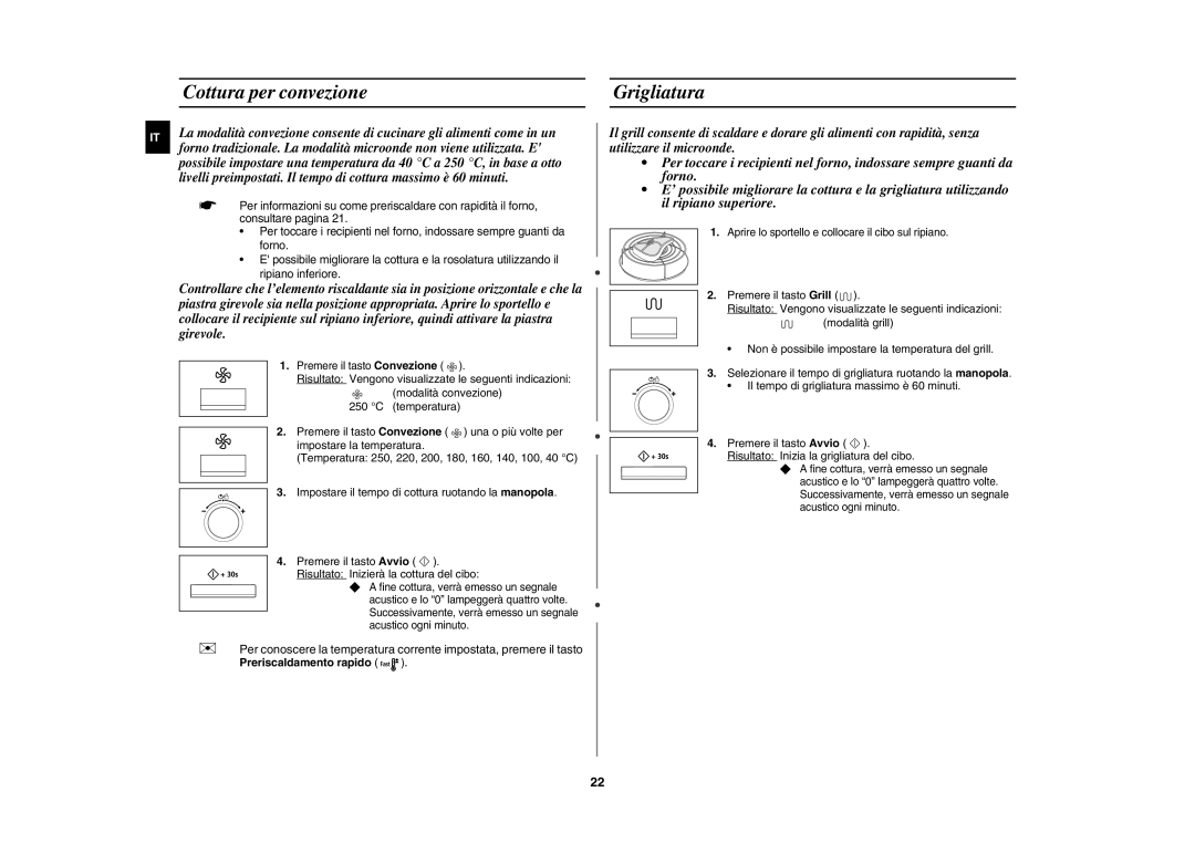 Samsung CE117AE-S/XET manual Cottura per convezione Grigliatura 