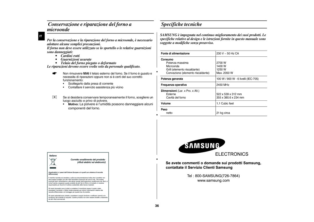 Samsung CE117AE-S/XET manual Conservazione e riparazione del forno a microonde, Specifiche tecniche 