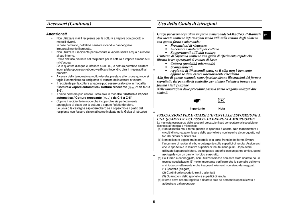 Samsung CE117AE-S/XET manual Accessori Continua Uso della Guida di istruzioni, Automatica / Cottura croccante da C-1 a C-5 