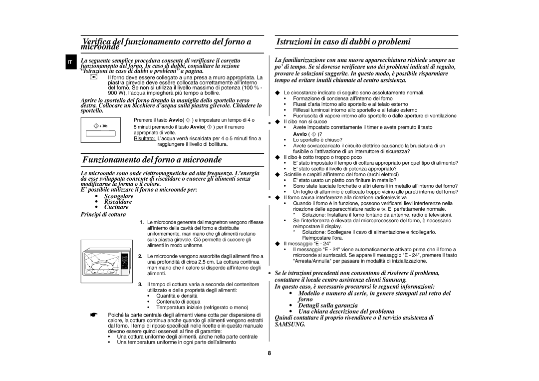 Samsung CE117AE-S/XET manual Verifica del funzionamento corretto del forno a microonde, Funzionamento del forno a microonde 