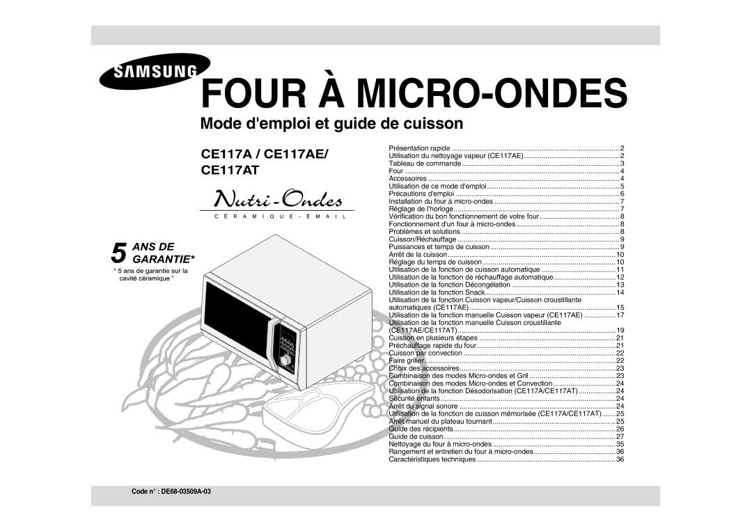 Samsung CE117AE-X/XEF manual Utilisation de la fonction manuelle Cuisson croustillante, Code n DE68-03509A-03 