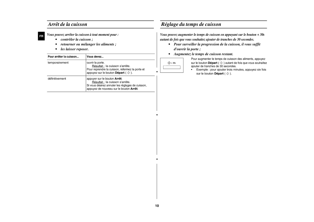 Samsung CE117AE-X/XEF manual Arrêt de la cuisson, Réglage du temps de cuisson, Temporairement, Résultat la cuisson sarrête 