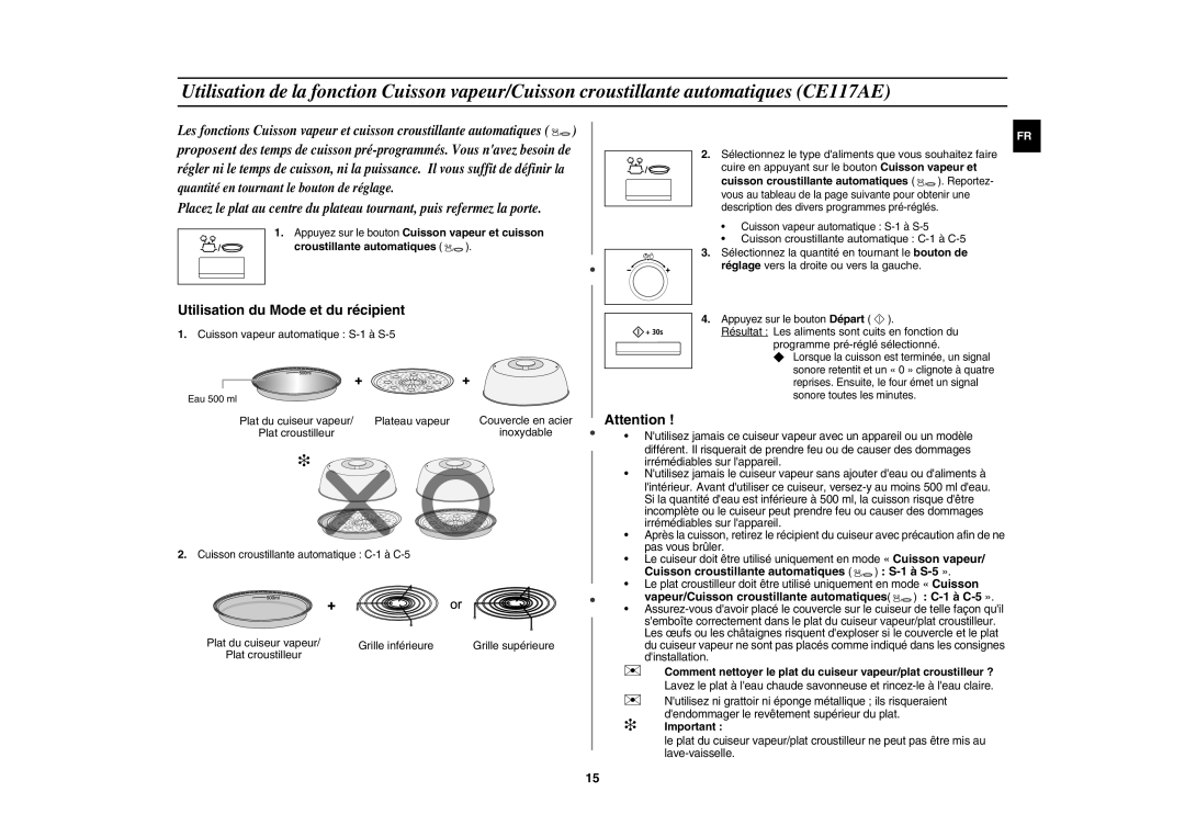 Samsung CE117AE-X/XEF manual Cuisson vapeur automatique S-1 à S-5, Plateau vapeur, Grille inférieure,  Important 