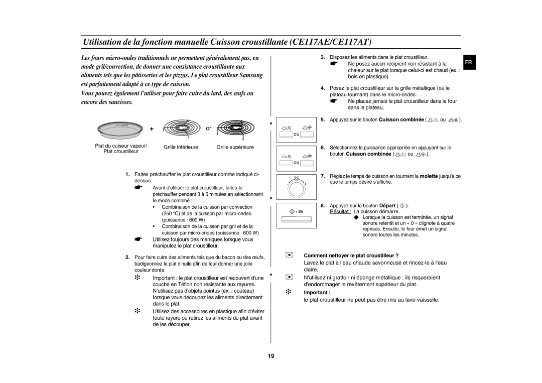 Samsung CE117AE-X/XEF manual Bouton Cuisson combinée,  Comment nettoyer le plat croustilleur ? 