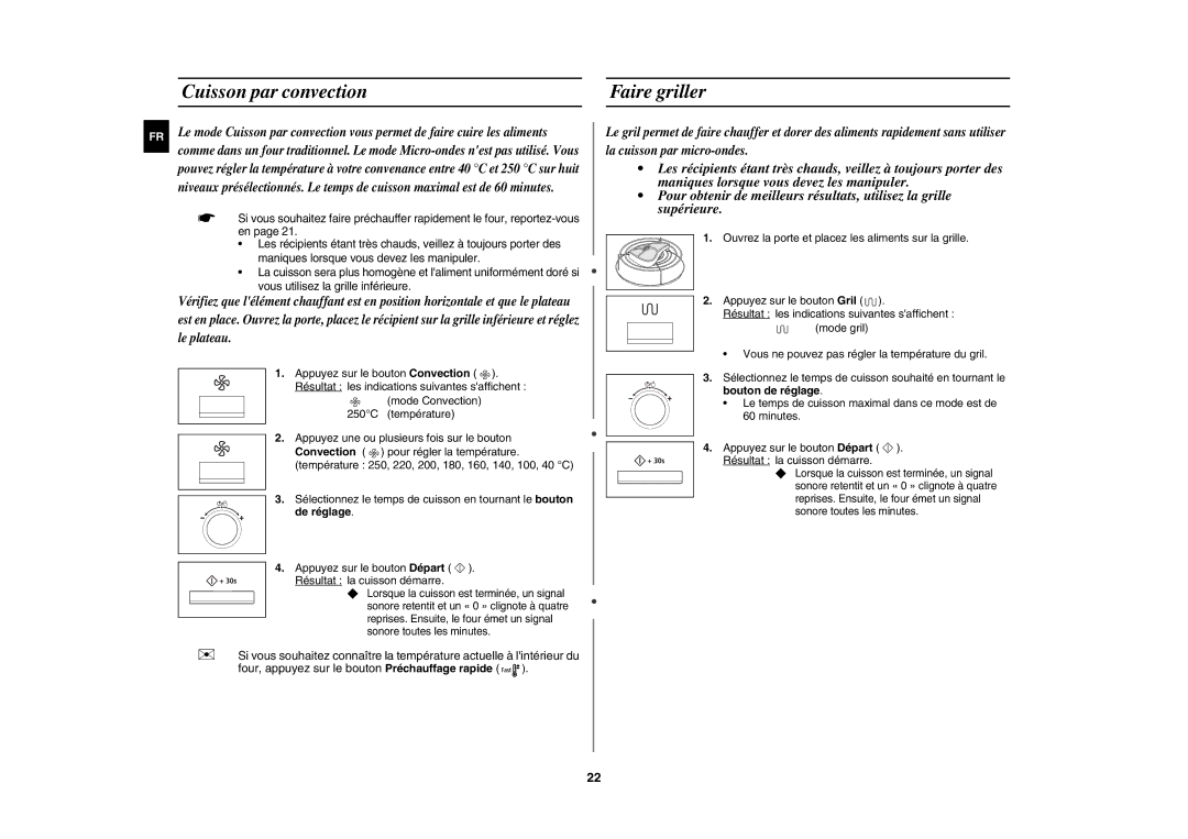 Samsung CE117AE-X/XEF manual Cuisson par convection Faire griller, Sélectionnez le temps de cuisson en tournant le bouton 