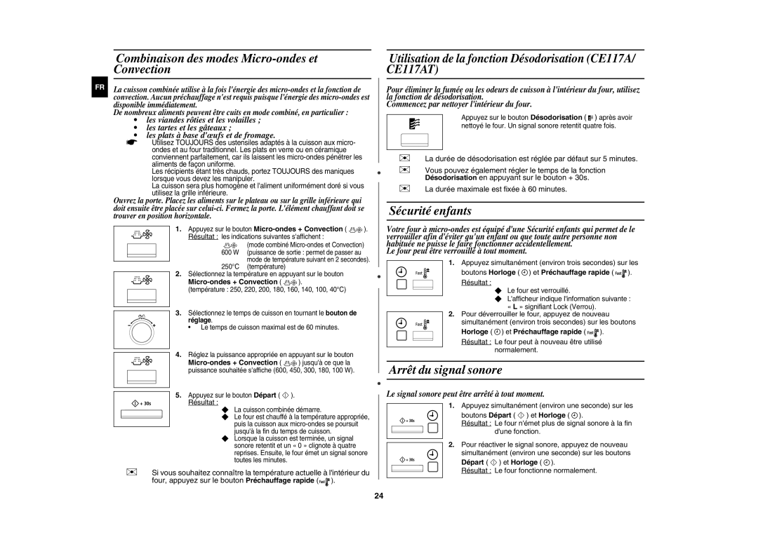 Samsung CE117AE-X/XEF manual Combinaison des modes Micro-ondes et Convection, Sécurité enfants, Arrêt du signal sonore 