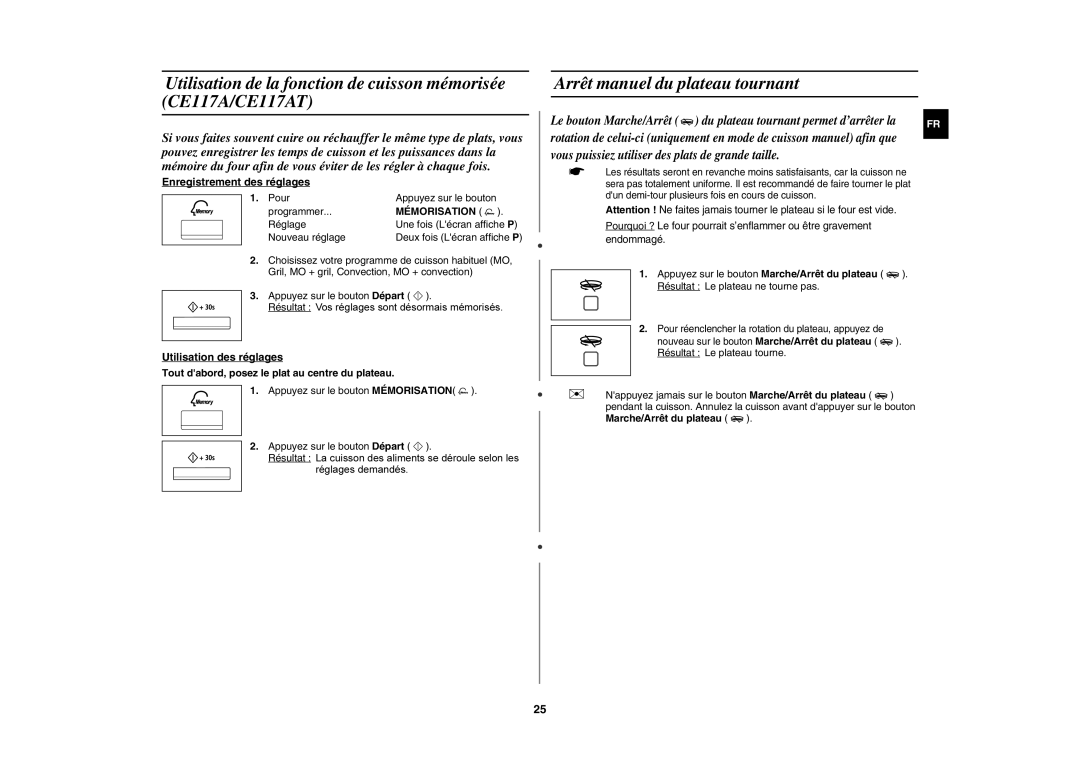 Samsung CE117AE-X/XEF Arrêt manuel du plateau tournant, Enregistrement des réglages, Pour Appuyez sur le bouton Programmer 