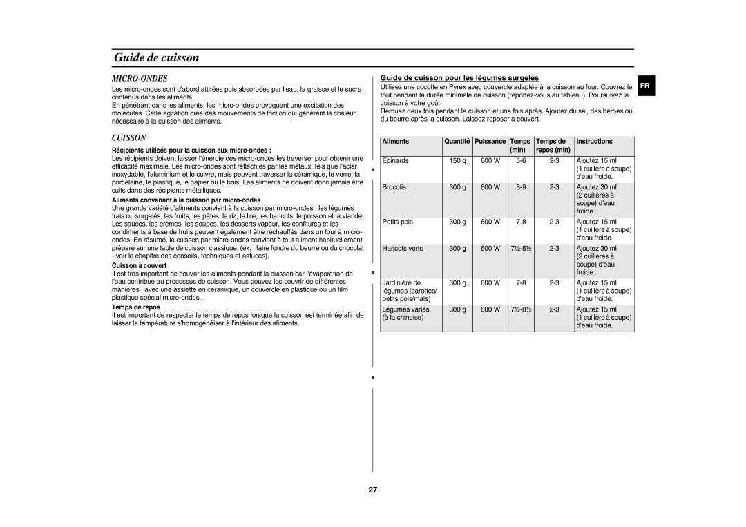 Samsung CE117AE-X/XEF manual Micro-Ondes, Cuisson, Guide de cuisson pour les légumes surgelés 