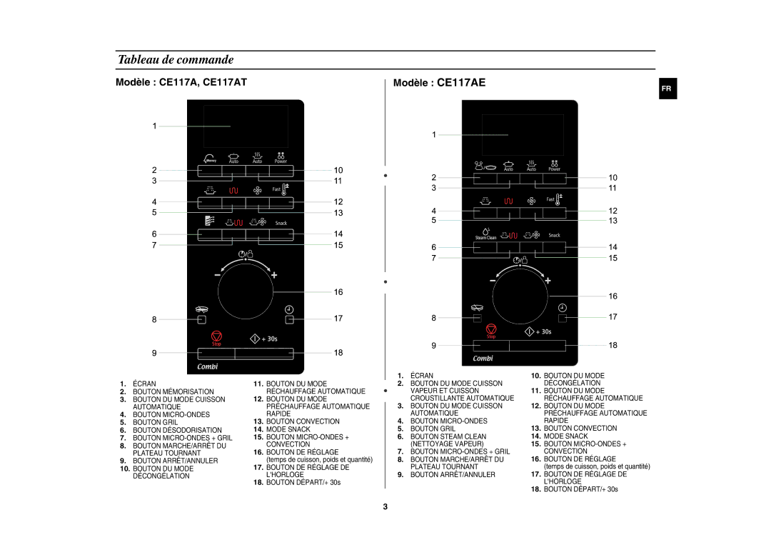 Samsung CE117AE-X/XEF manual Tableau de commande, Temps de cuisson, poids et quantité, Bouton DÉPART/+ 30s 