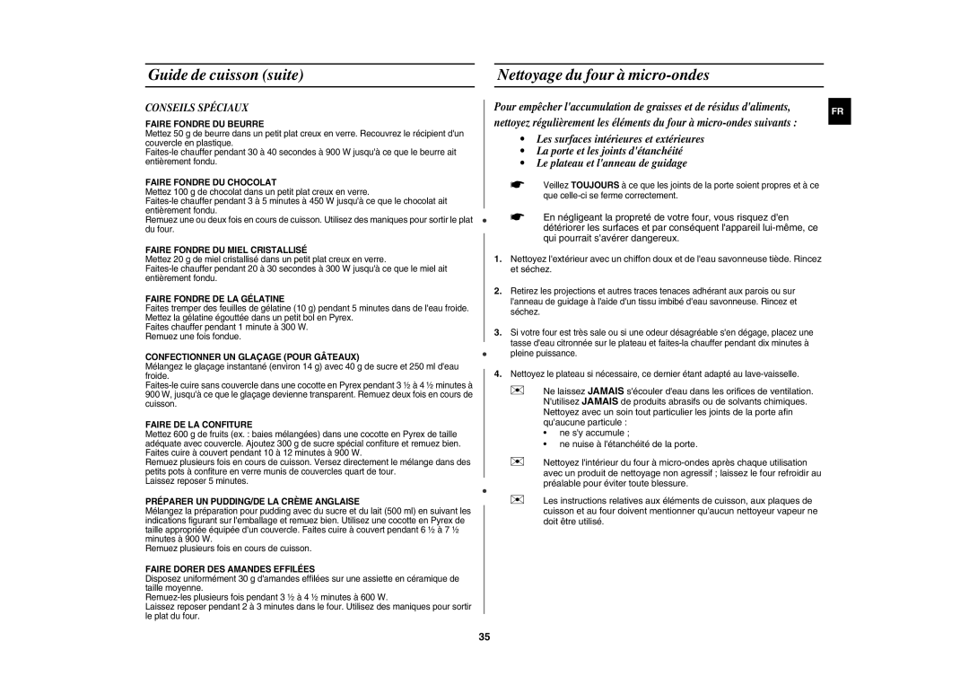 Samsung CE117AE-X/XEF manual Guide de cuisson suite Nettoyage du four à micro-ondes, Conseils Spéciaux 