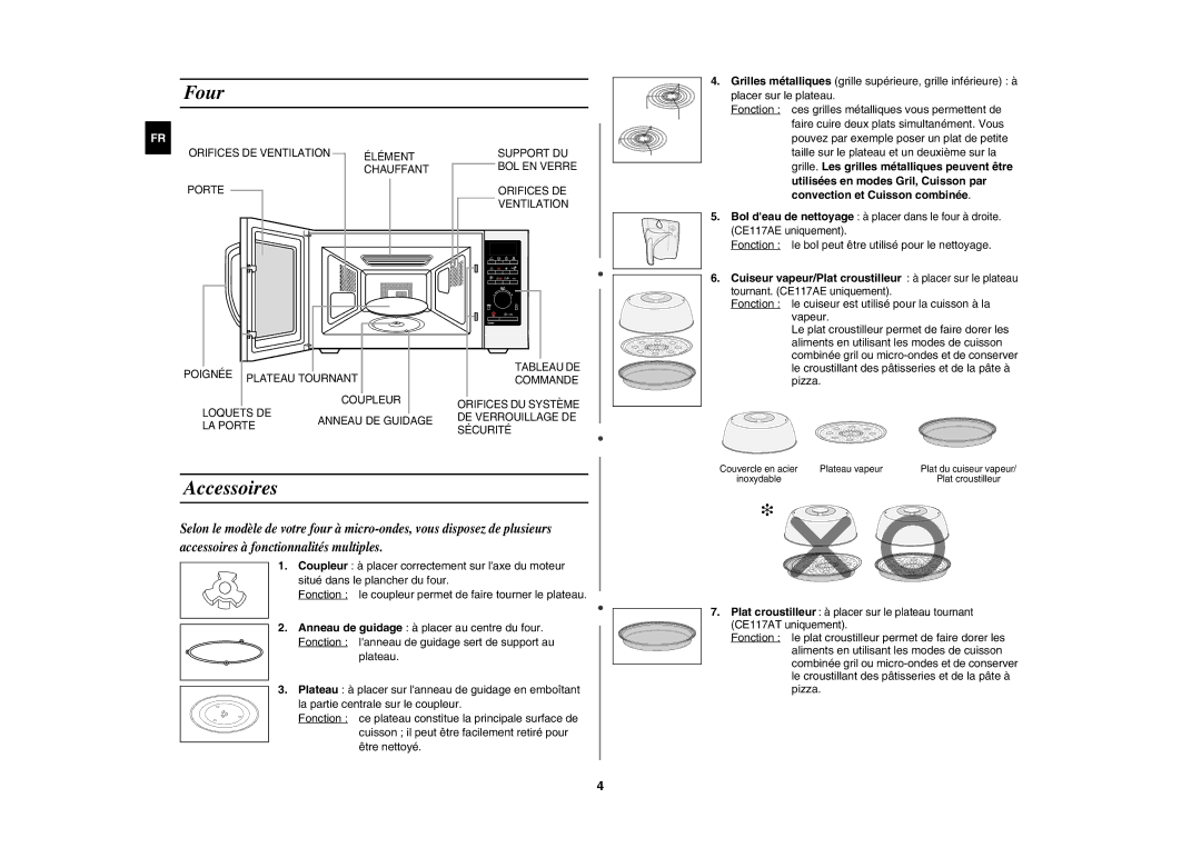 Samsung CE117AE-X/XEF manual Four, Accessoires, Utilisées en modes Gril, Cuisson par, Convection et Cuisson combinée 