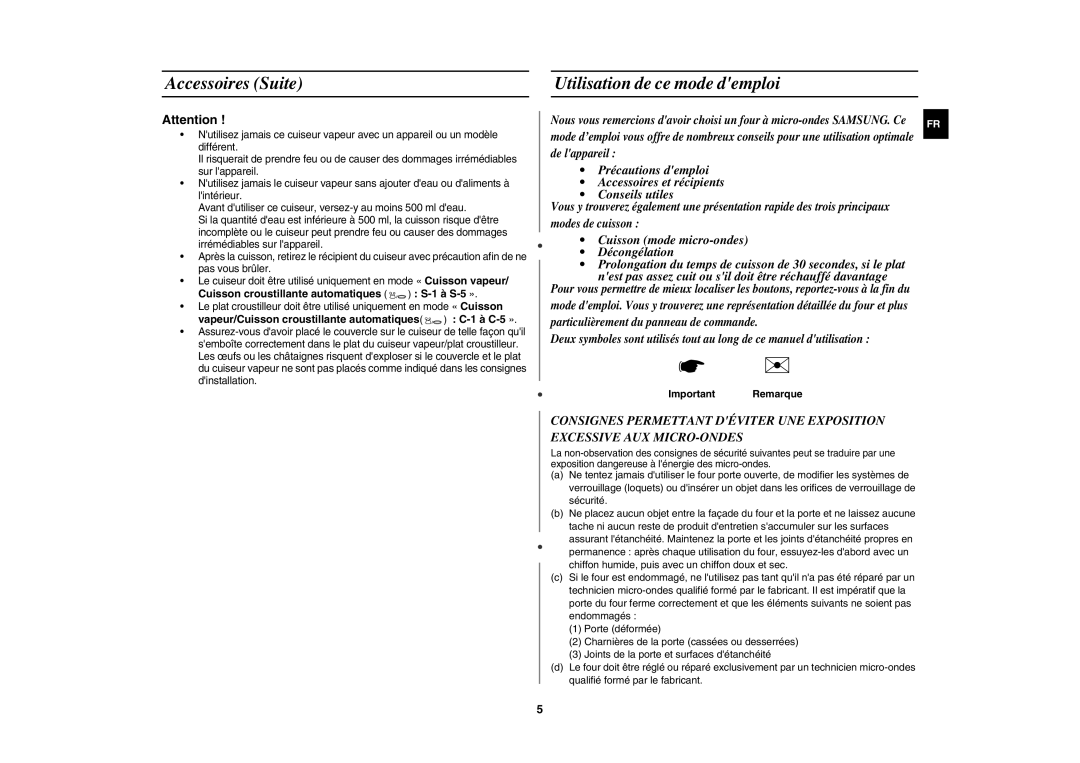 Samsung CE117AE-X/XEF Accessoires Suite Utilisation de ce mode demploi, Cuisson croustillante automatiques S-1 à S-5 » 