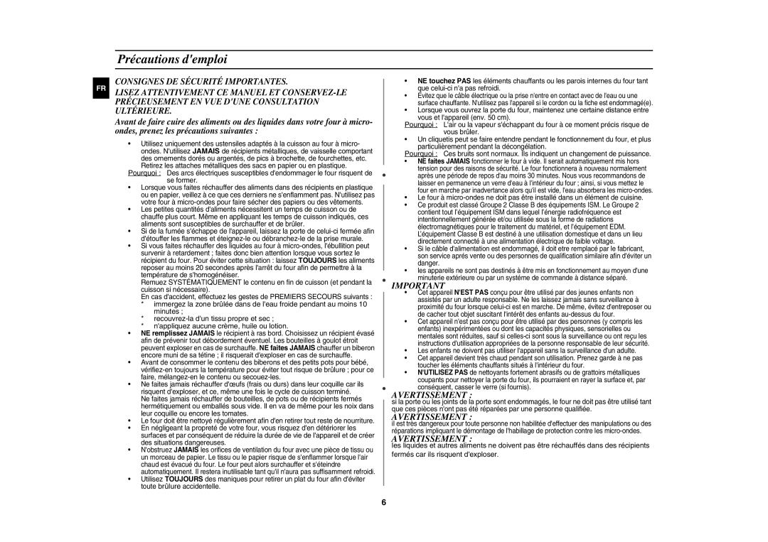 Samsung CE117AE-X/XEF manual Précautions demploi, Avertissement 