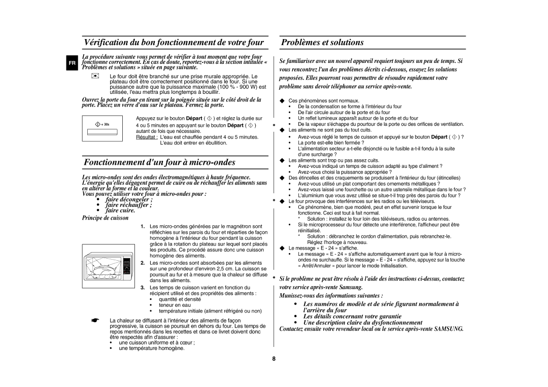 Samsung CE117AE-X/XEF manual Vérification du bon fonctionnement de votre four, Fonctionnement dun four à micro-ondes 