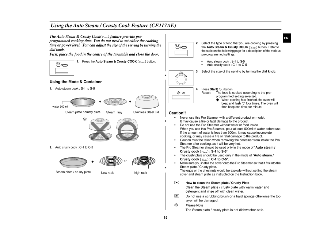 Samsung CE117AE-X/XEH manual Using the Auto Steam / Crusty Cook Feature CE117AE, Press the Auto Steam & Crusty Cook button 