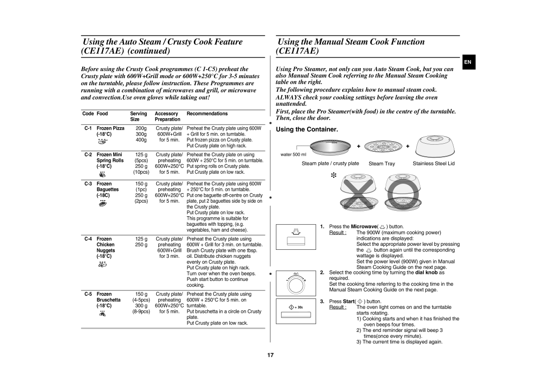 Samsung CE117AE-X/XEH manual Using the Manual Steam Cook Function CE117AE, Press Start, Starts rotating 