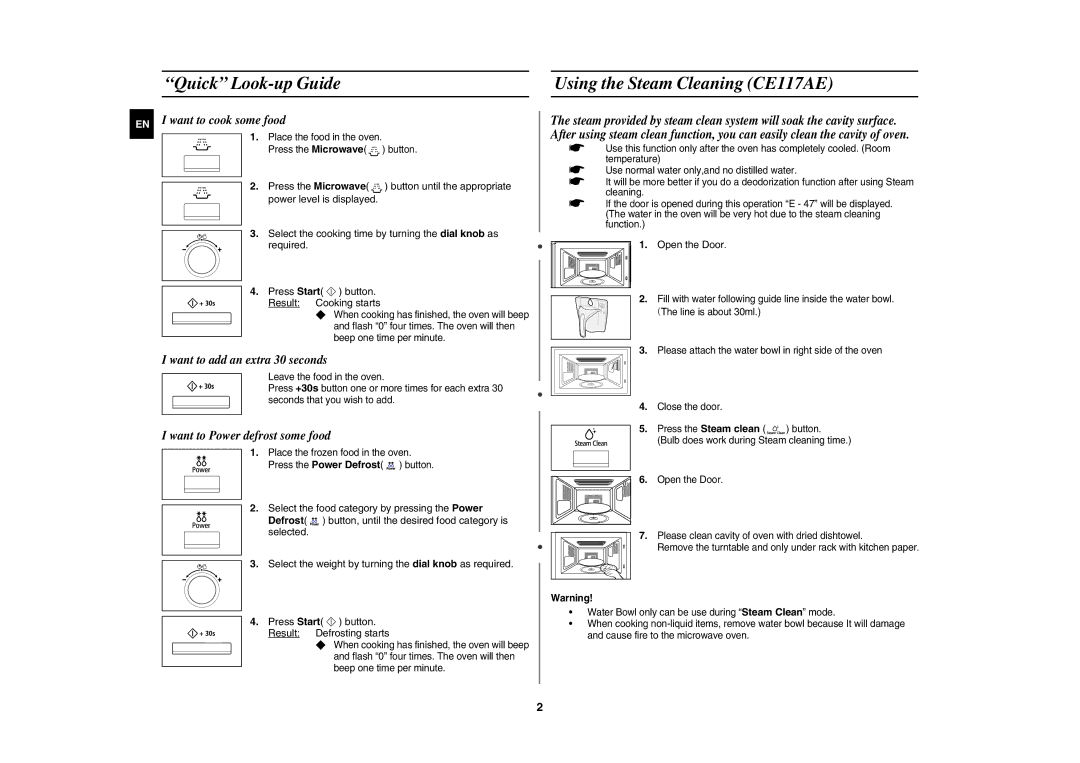 Samsung CE117AE-X/XEH manual Quick Look-up Guide Using the Steam Cleaning CE117AE, Press the Microwave, Required 