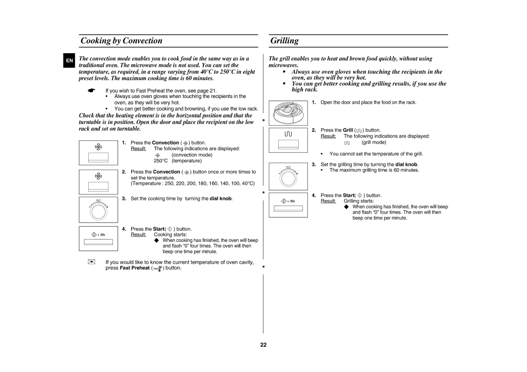 Samsung CE117AE-X/XEH manual Cooking by Convection Grilling, Preset levels. The maximum cooking time is 60 minutes 