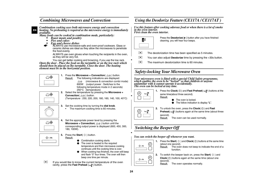 Samsung CE117AE-X/XEH Combining Microwaves and Convection, Safety-locking Your Microwave Oven, Switching the Beeper Off 