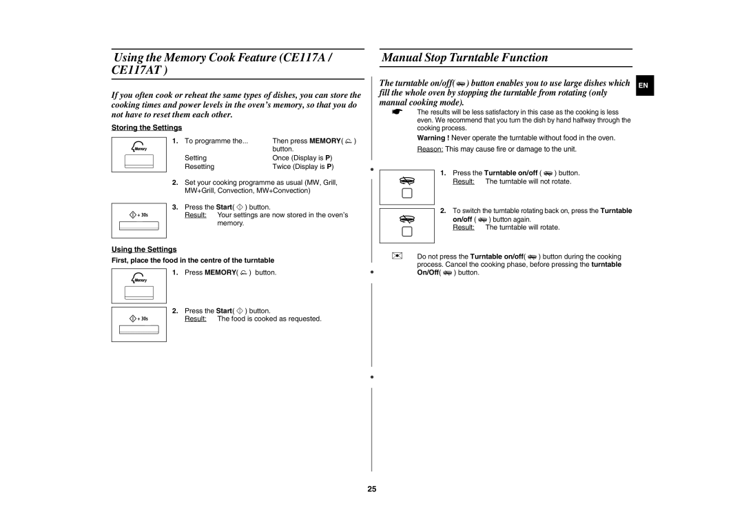 Samsung CE117AE-X/XEH Using the Memory Cook Feature CE117A / CE117AT, Manual Stop Turntable Function, Storing the Settings 