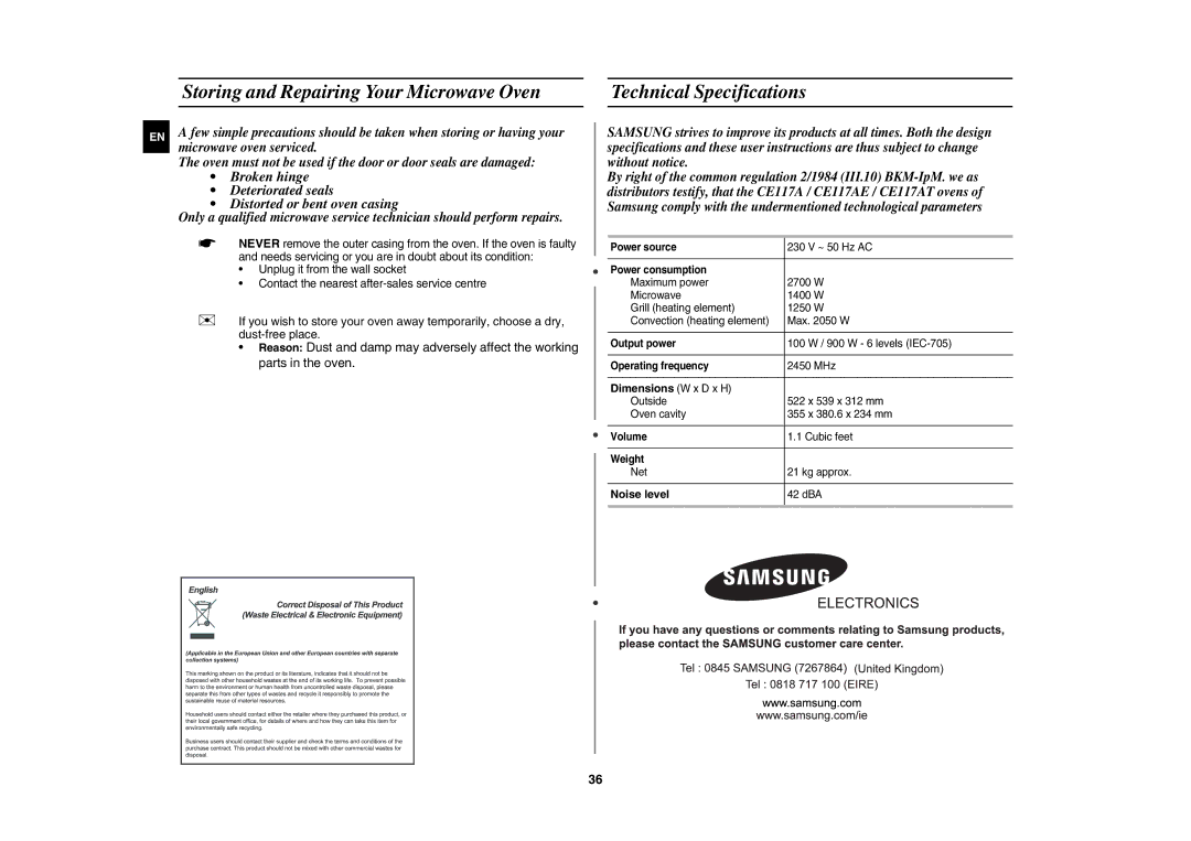 Samsung CE117AE-X/XEH manual Dimensions W x D x H, Noise level 