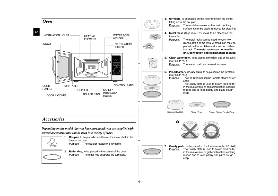 Samsung CE117AE-X/XEH manual Oven, Accessories, Purpose The water bowl can be used to clean 