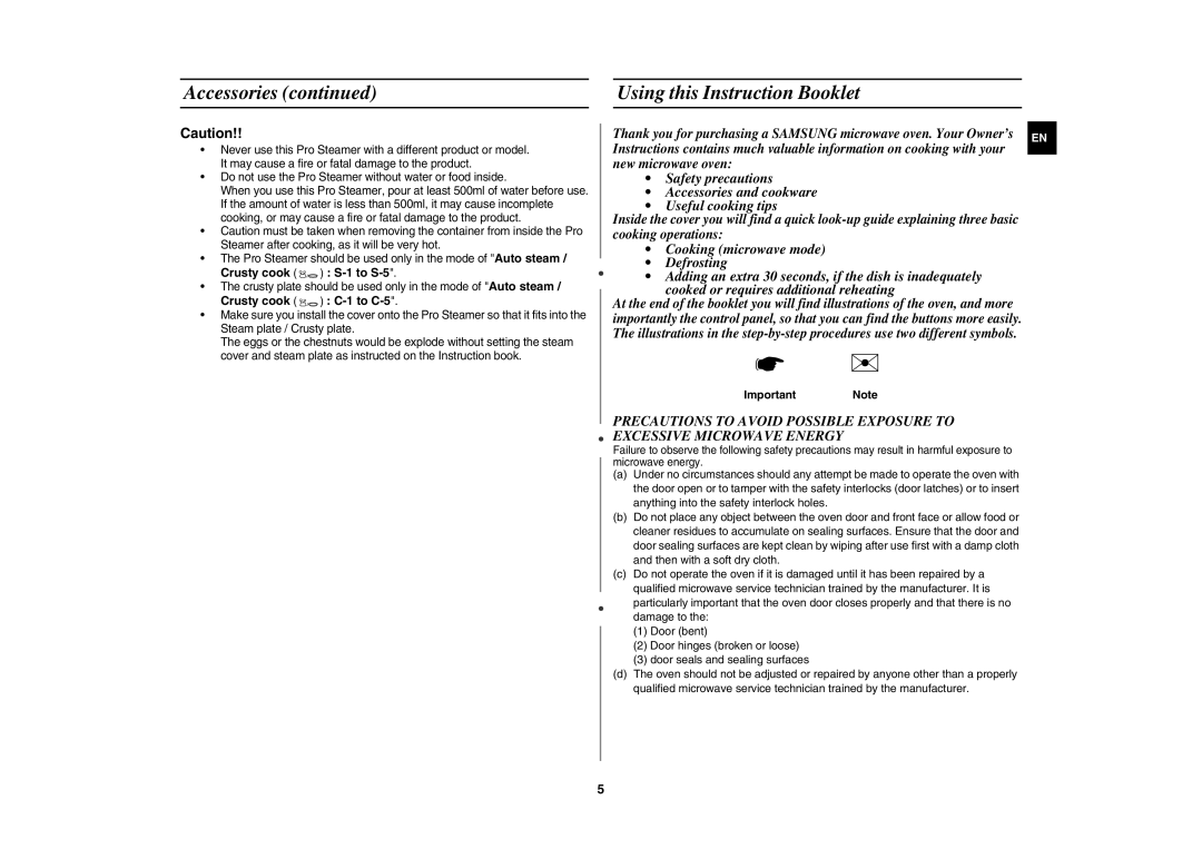 Samsung CE117AE-X/XEH manual Accessories Using this Instruction Booklet, Crusty cook S-1 to S-5, Crusty cook C-1 to C-5 