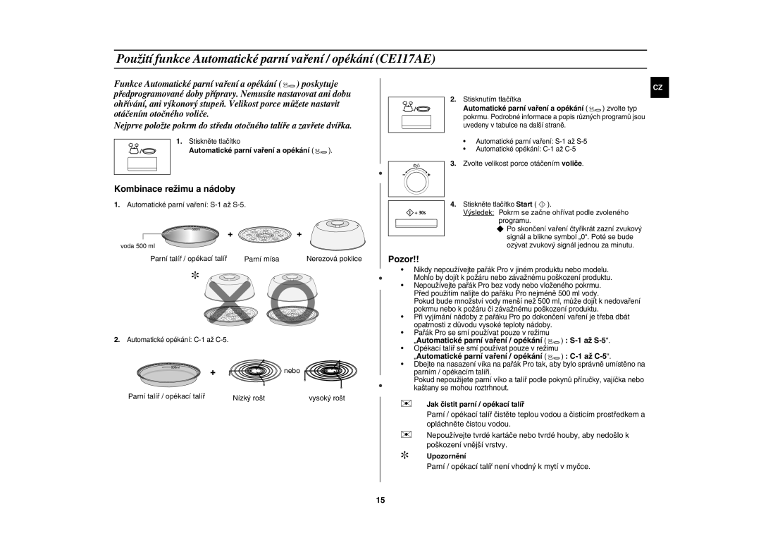 Samsung CE117AE-X/XEH manual Použití funkce Automatické parní vaření / opékání CE117AE, Automatické parní vaření a opékání 