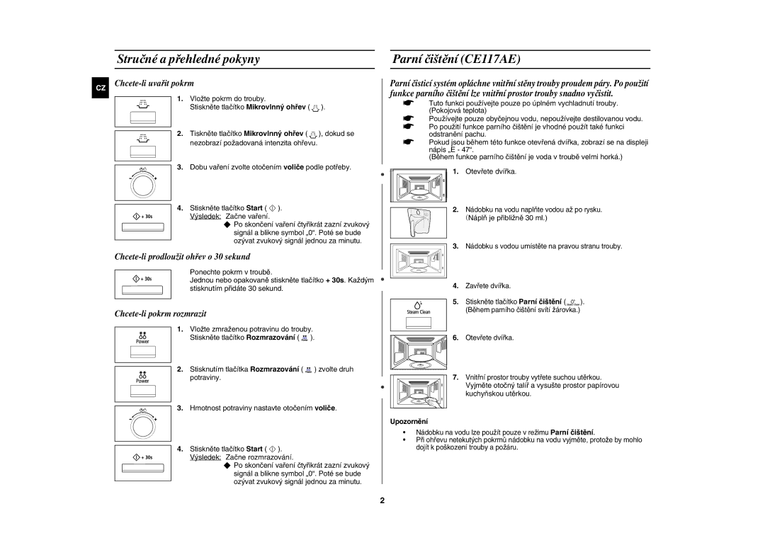 Samsung CE117AE-X/XEH manual Stručné a přehledné pokyny Parní čištění CE117AE, Chcete-li uvařit pokrm 