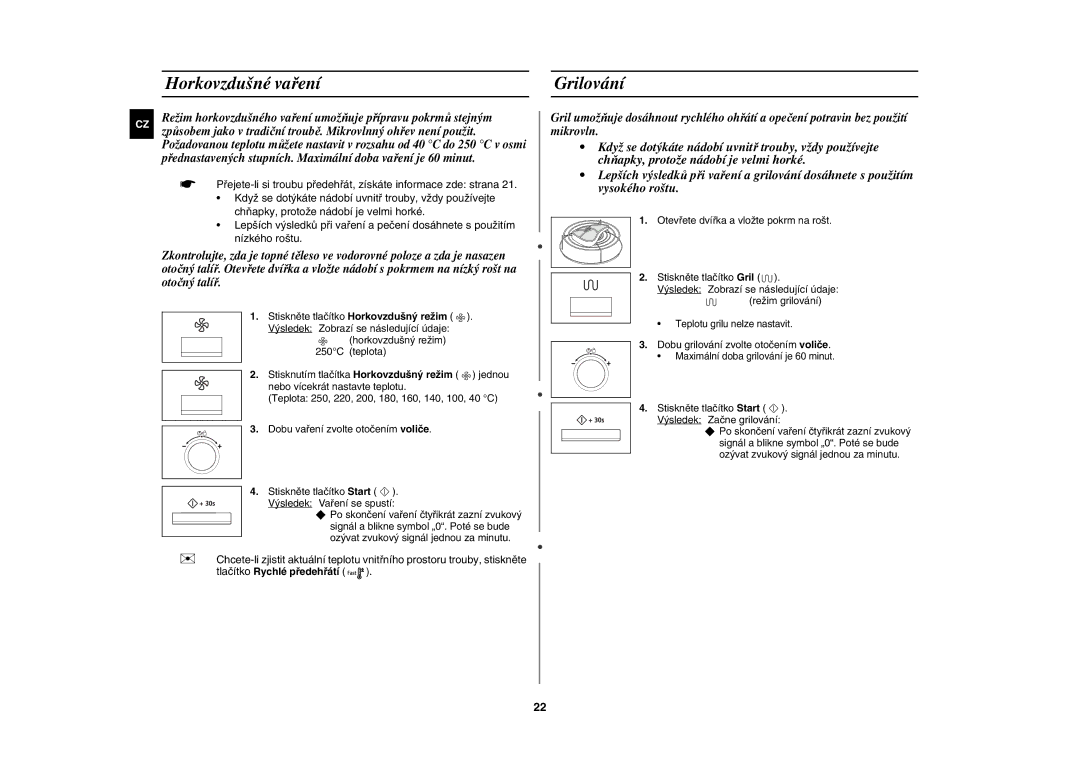 Samsung CE117AE-X/XEH manual Horkovzdušné vaření, Grilování, Dobu grilování zvolte otočením voliče 