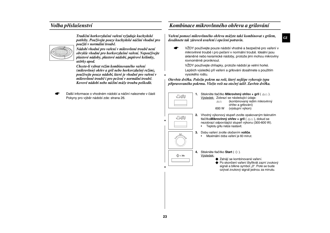 Samsung CE117AE-X/XEH manual Volba příslušenství, Kombinace mikrovlnného ohřevu a grilování 