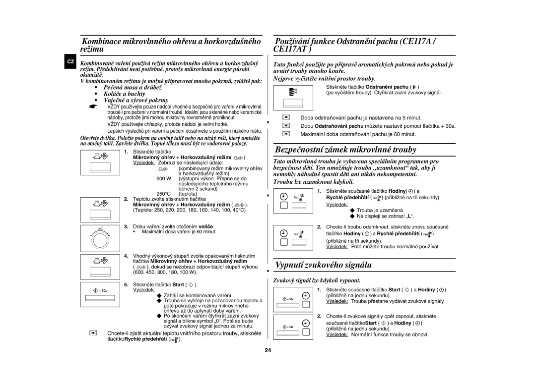 Samsung CE117AE-X/XEH manual Bezpečnostní zámek mikrovlnné trouby, Vypnutí zvukového signálu 