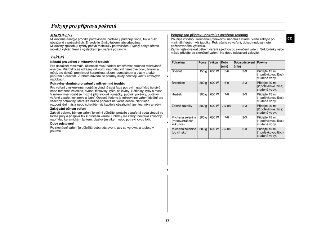 Samsung CE117AE-X/XEH manual Pokyny pro přípravu pokrmů, Mikrovlny, Vaření 