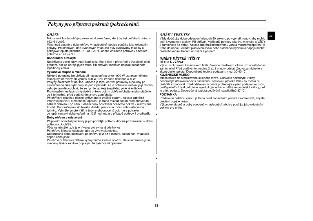 Samsung CE117AE-X/XEH manual Ohřev Tekutin, Ohřev Dětské Výživy 