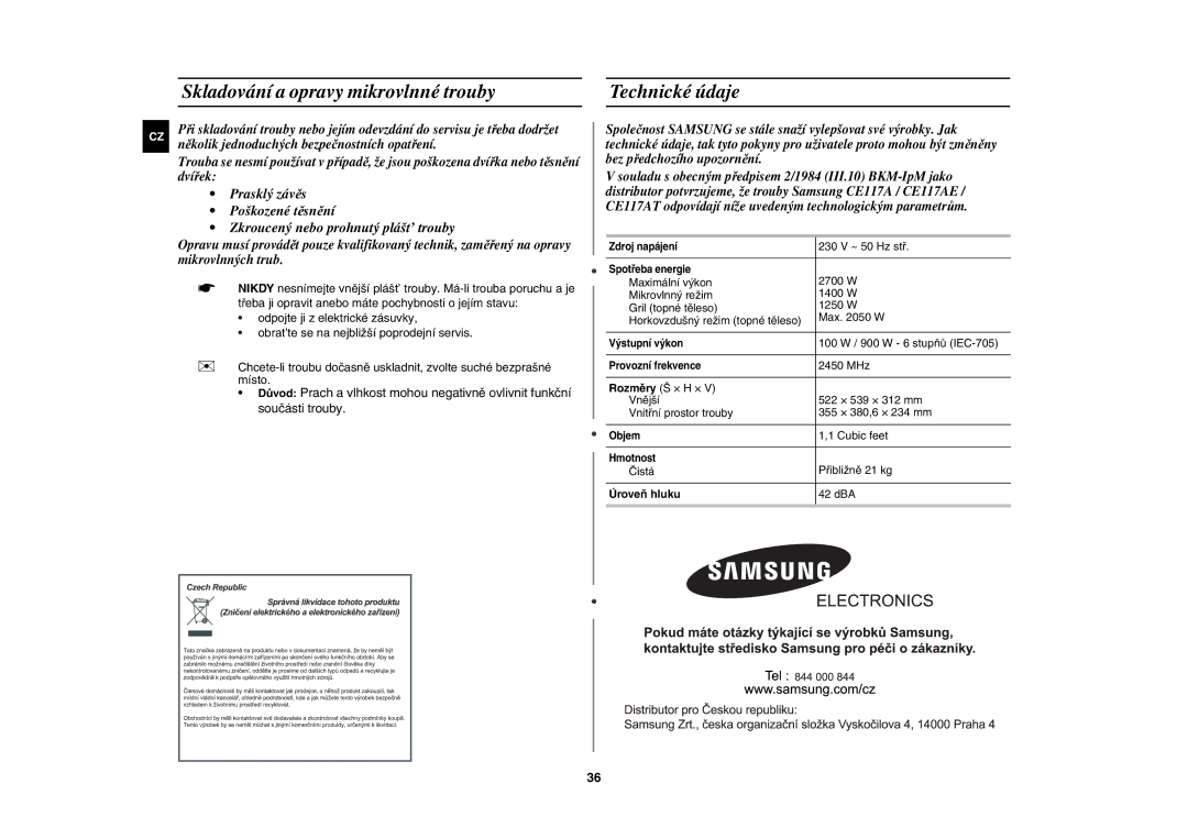 Samsung CE117AE-X/XEH manual Skladování a opravy mikrovlnné trouby, Technické údaje, Úroveň hluku 