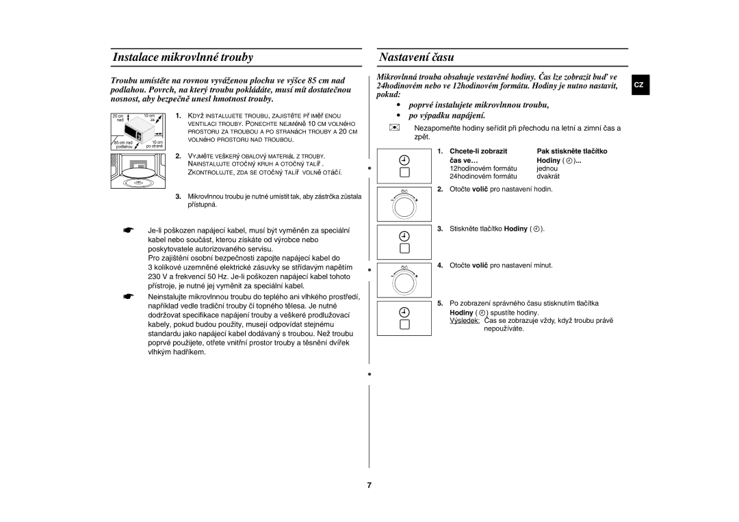 Samsung CE117AE-X/XEH manual Instalace mikrovlnné trouby, Nastavení času, Zpět, Chcete-li zobrazit 