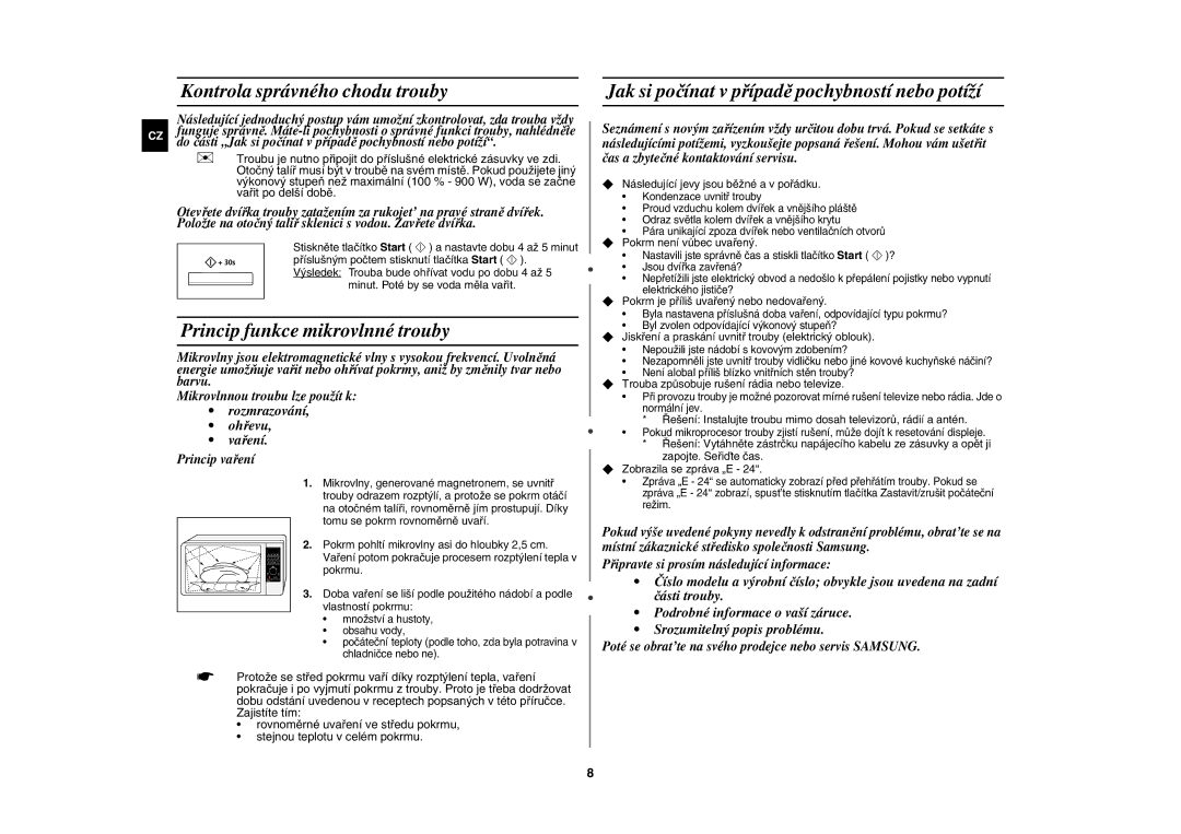 Samsung CE117AE-X/XEH manual Kontrola správného chodu trouby, Princip funkce mikrovlnné trouby 