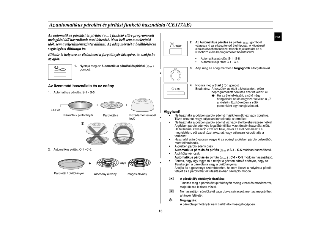 Samsung CE117AE-X/XEH manual Automatikus párolás S-1 S-5, Párolótál / pirítótányér Párolótálca, Fedő, Vagy 