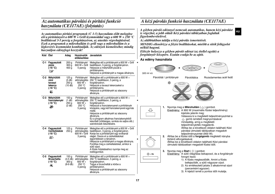 Samsung CE117AE-X/XEH manual Kézi párolás funkció használata CE117AE 