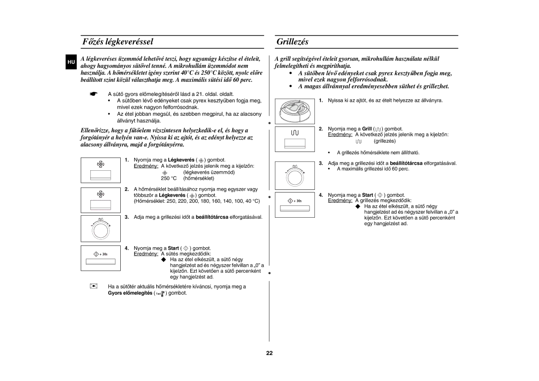 Samsung CE117AE-X/XEH manual Főzés légkeveréssel, Grillezés 