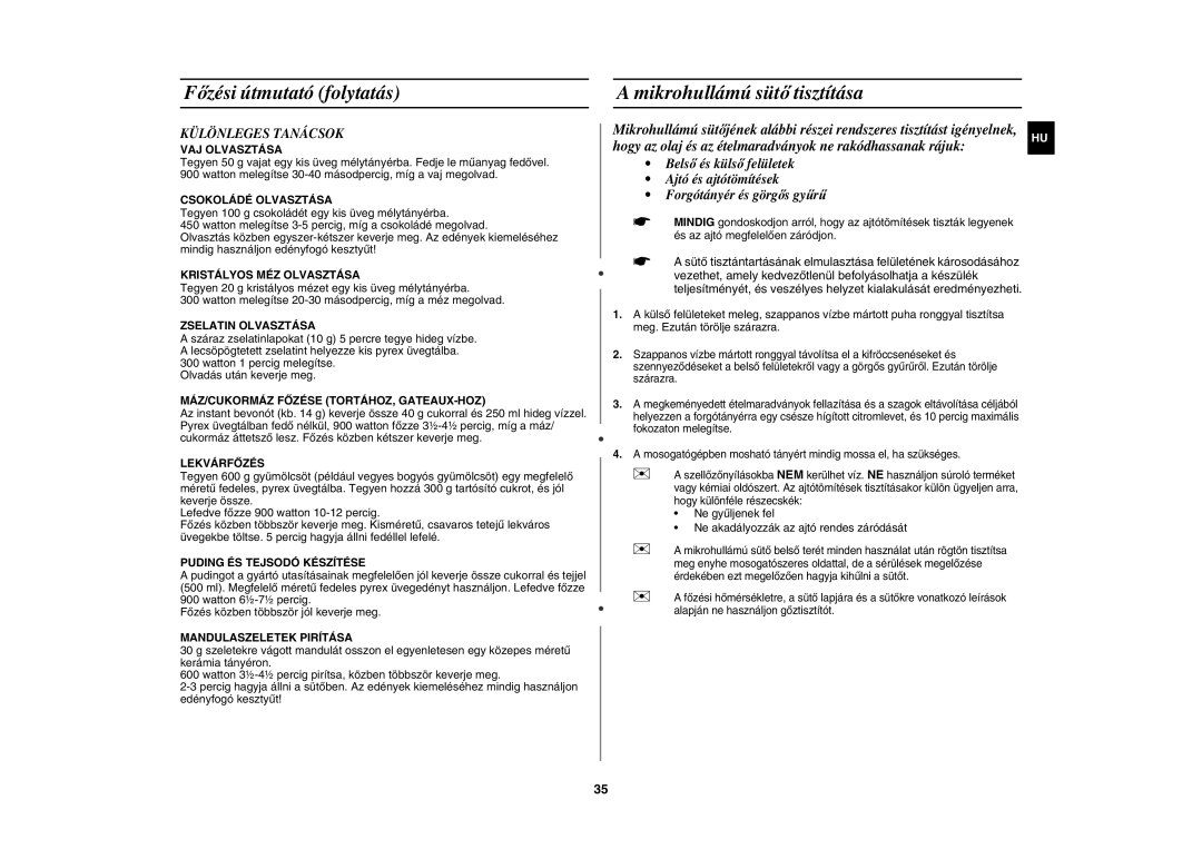 Samsung CE117AE-X/XEH manual Mikrohullámú sütő tisztítása, Különleges Tanácsok 