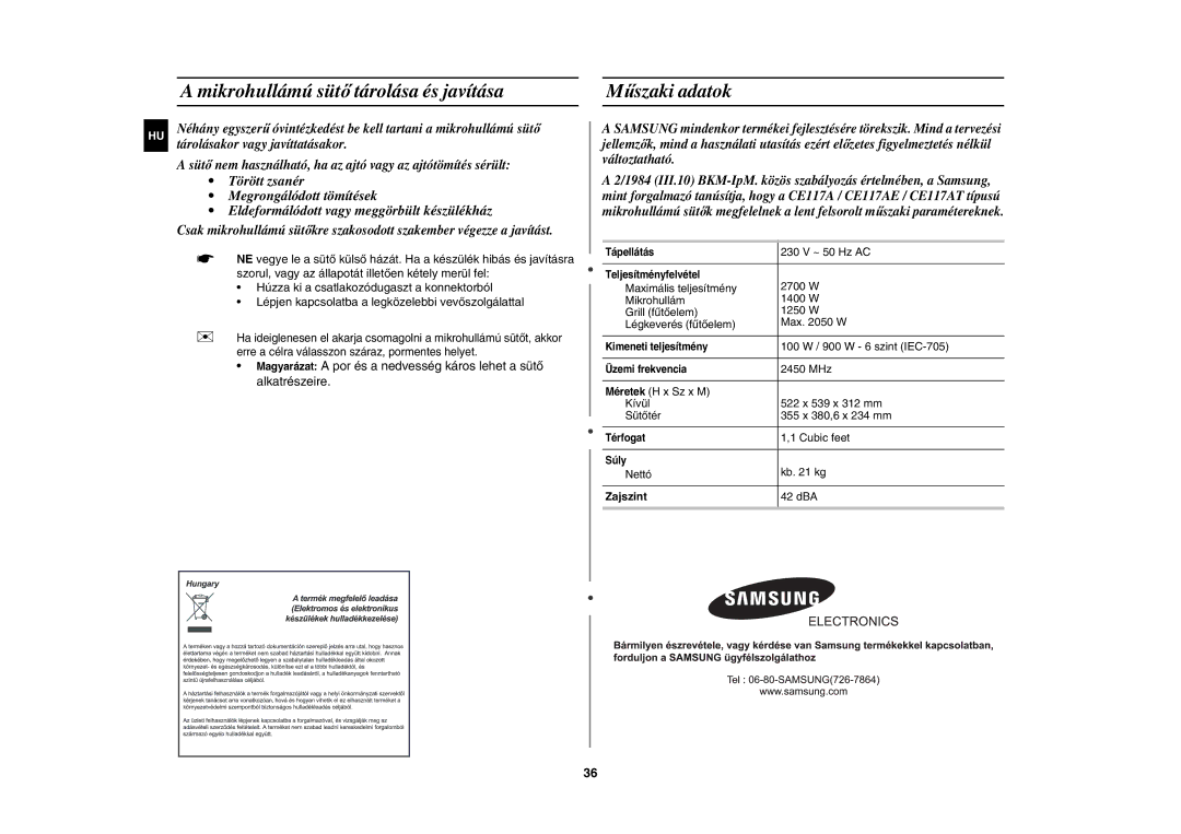 Samsung CE117AE-X/XEH manual Mikrohullámú sütő tárolása és javítása, Műszaki adatok, Zajszint 