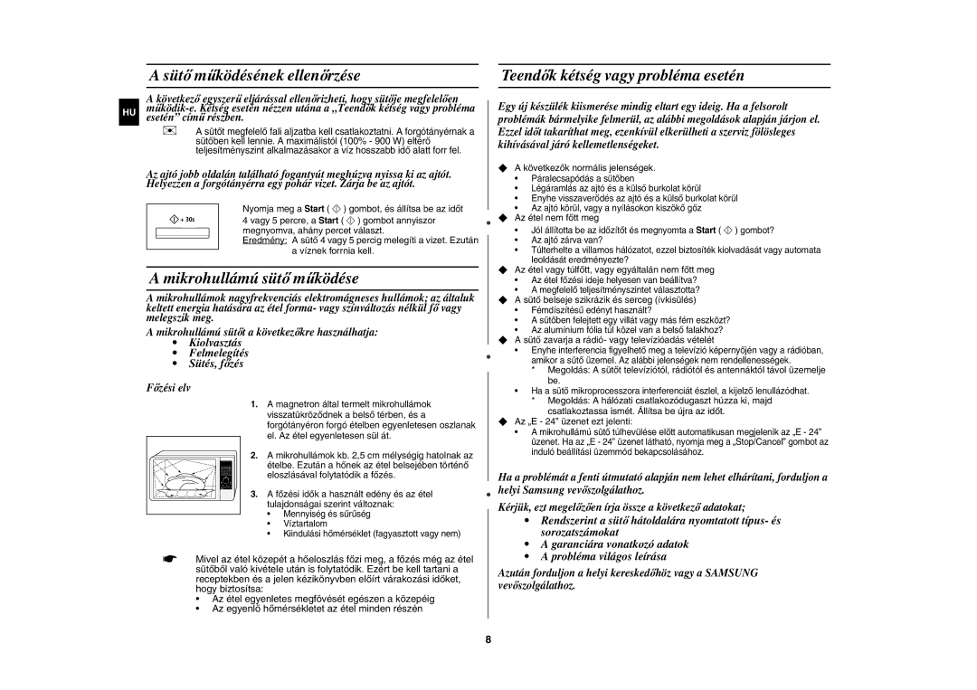 Samsung CE117AE-X/XEH manual Sütő működésének ellenőrzése, Mikrohullámú sütő működése, Teendők kétség vagy probléma esetén 