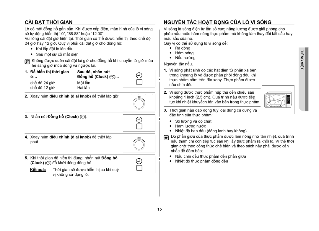 Samsung CE117AE-X/XSV manual Cài đặt thời gian, Nguyên tắc hoạt động của lò vi sóng 