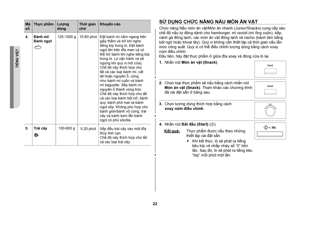 Samsung CE117AE-X/XSV manual Sử dụng chức năng nấu món ăn vặt, Nhấn nút Món ăn vặt Snack, Bánh ngọt, Trái cây 