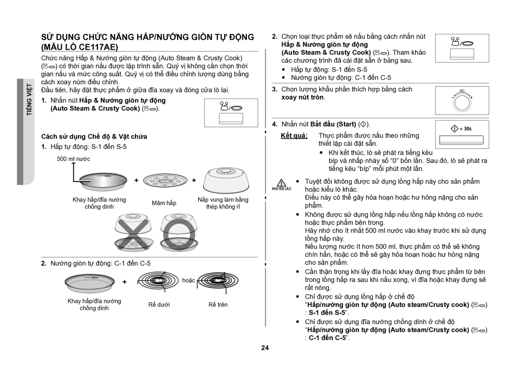 Samsung CE117AE-X/XSV manual Sử dụng chức năng hấp/nướng giòn tự động mẫu lò CE117AE, Nhấn nút Hấp & Nướng giòn tự động 