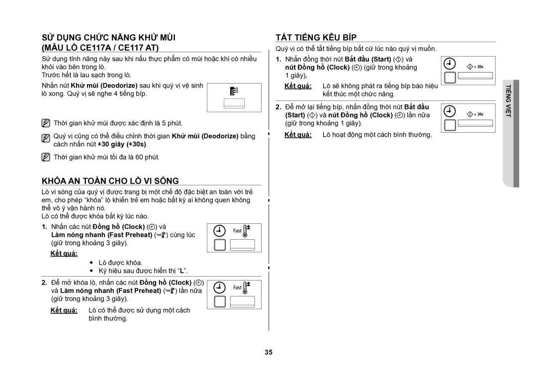Samsung CE117AE-X/XSV Sử dụng chức năng khử mùi mẫu lò CE117A / CE117 AT, Khóa an toàn cho lò vi sóng, Tắt tiếng kêu bíp 
